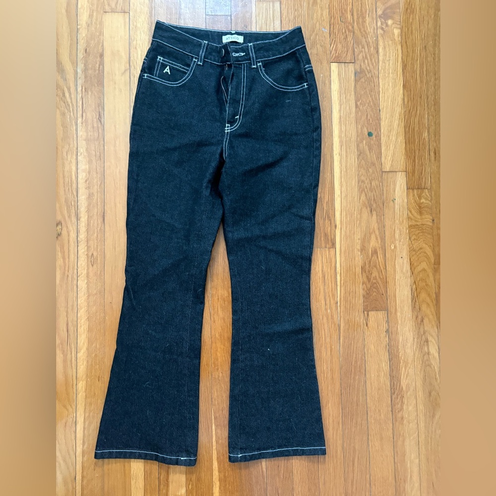 The Attico Dark Kick Flare Jeans size 25 white thread snd signature logo detail.
